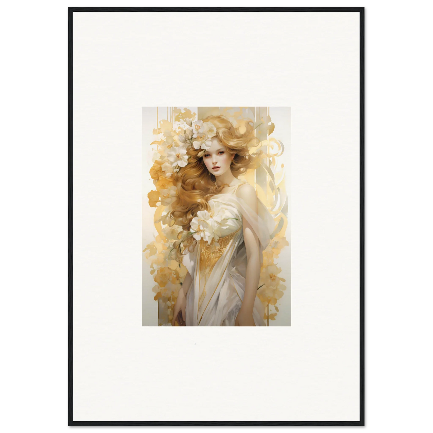 Framed wall art of an ethereal woman with flowers, perfect for room decor, Flora Serenade