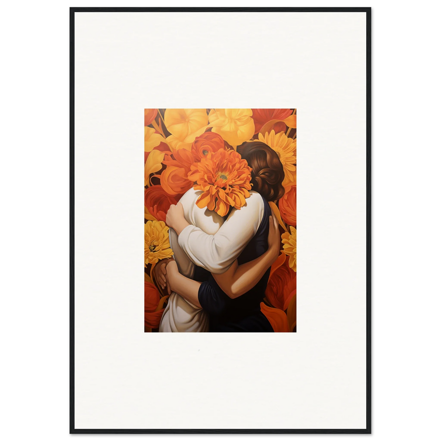 Framed canvas print of Euphoria Embrace with two figures and an orange flower