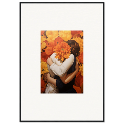 Framed canvas print of Euphoria Embrace with two figures and an orange flower