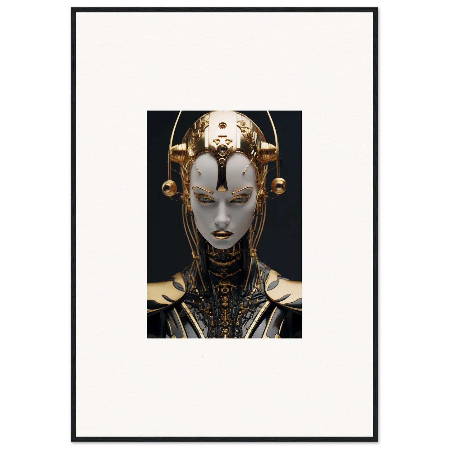 Futuristic robotic figure with golden headdress for unique room decoration canvas print