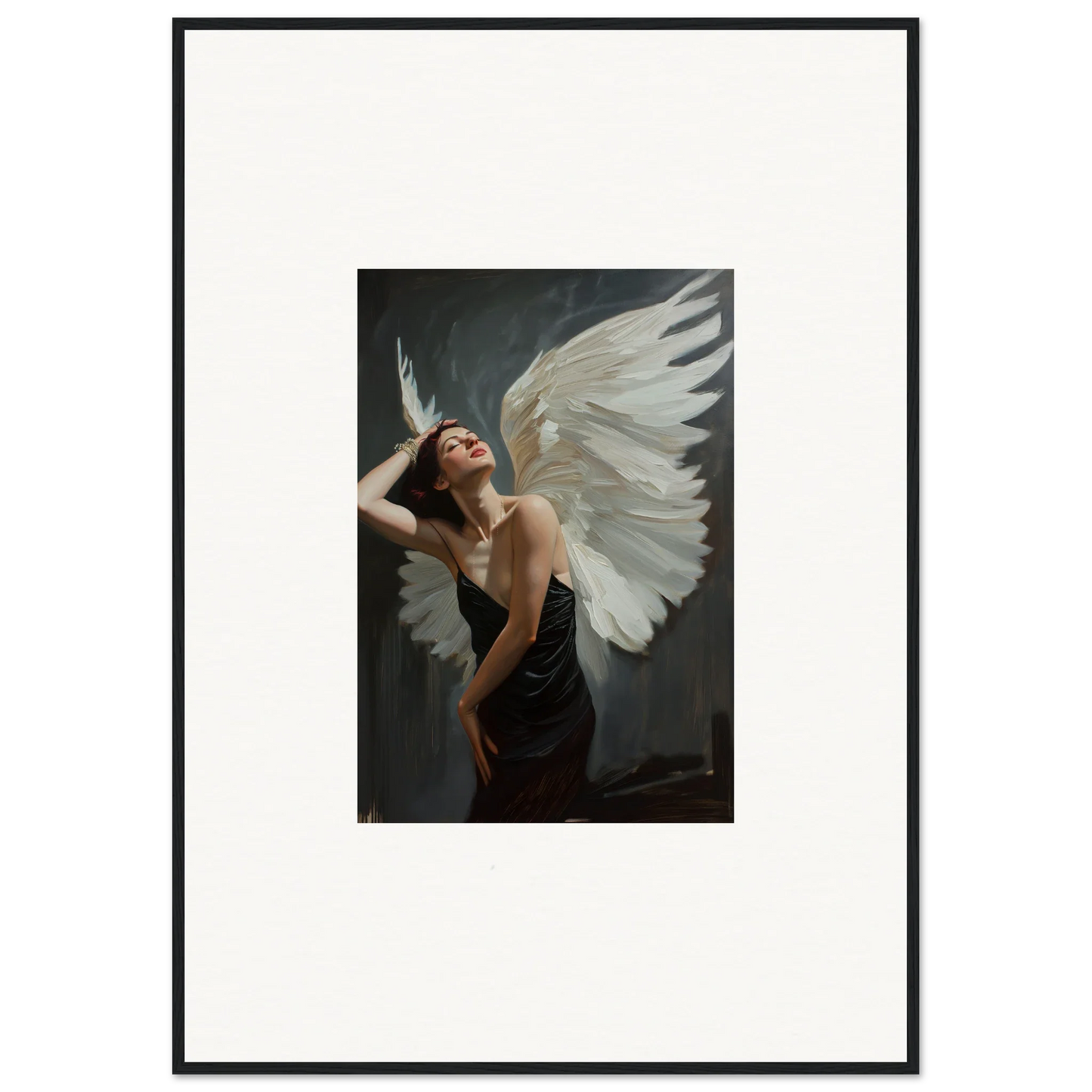 Dramatic winged figure in dark dress for a stunning femme ascent canvas print