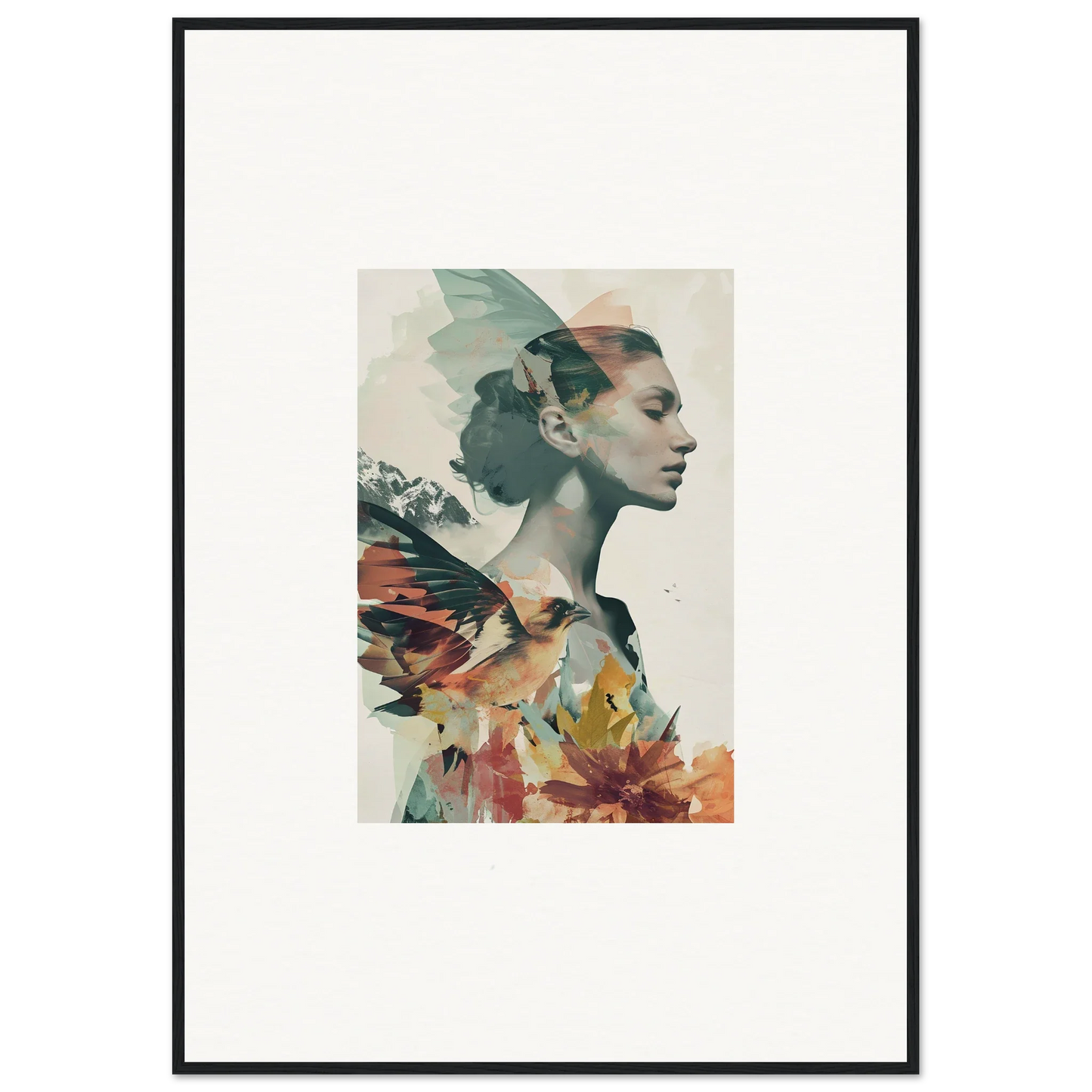 Artistic double exposure of woman’s profile with floral elements for Room Decoration