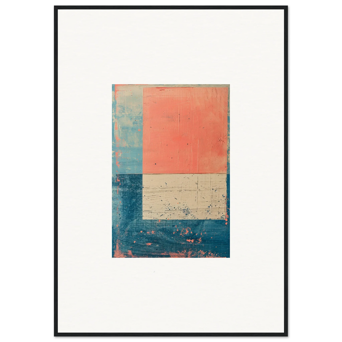 Abstract painting with coral, blue, and beige color blocks for chic room decoration