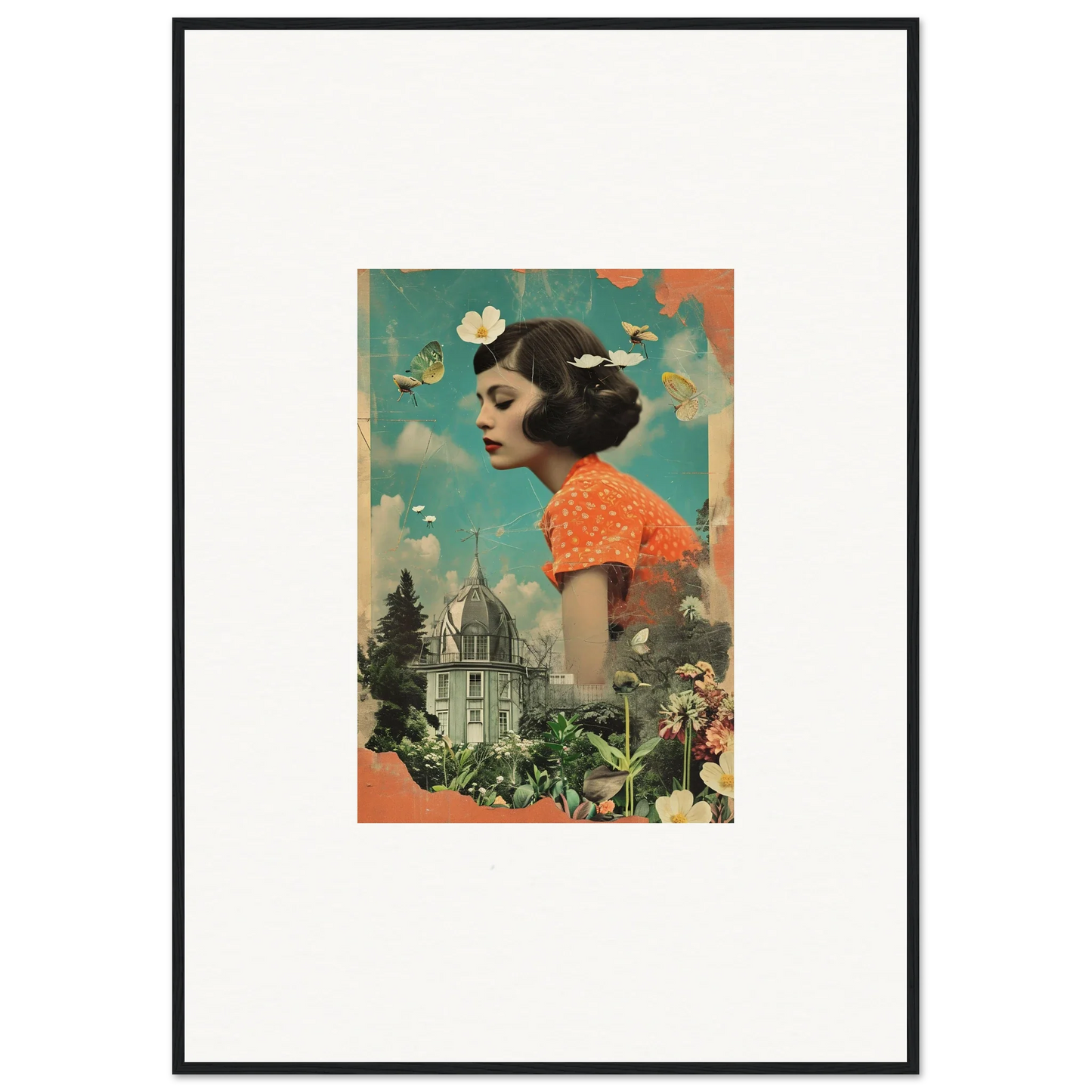 Framed vintage-style collage of a woman blending nature in Dreamer’s Botanical Parade canvas print