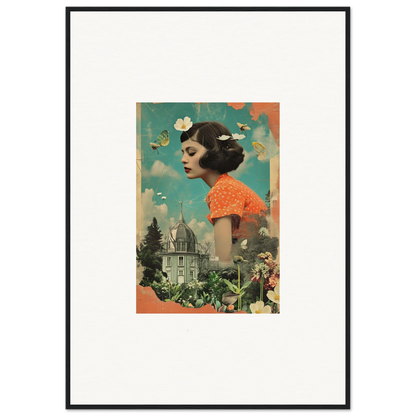 Framed vintage-style collage of a woman blending nature in Dreamer’s Botanical Parade canvas print