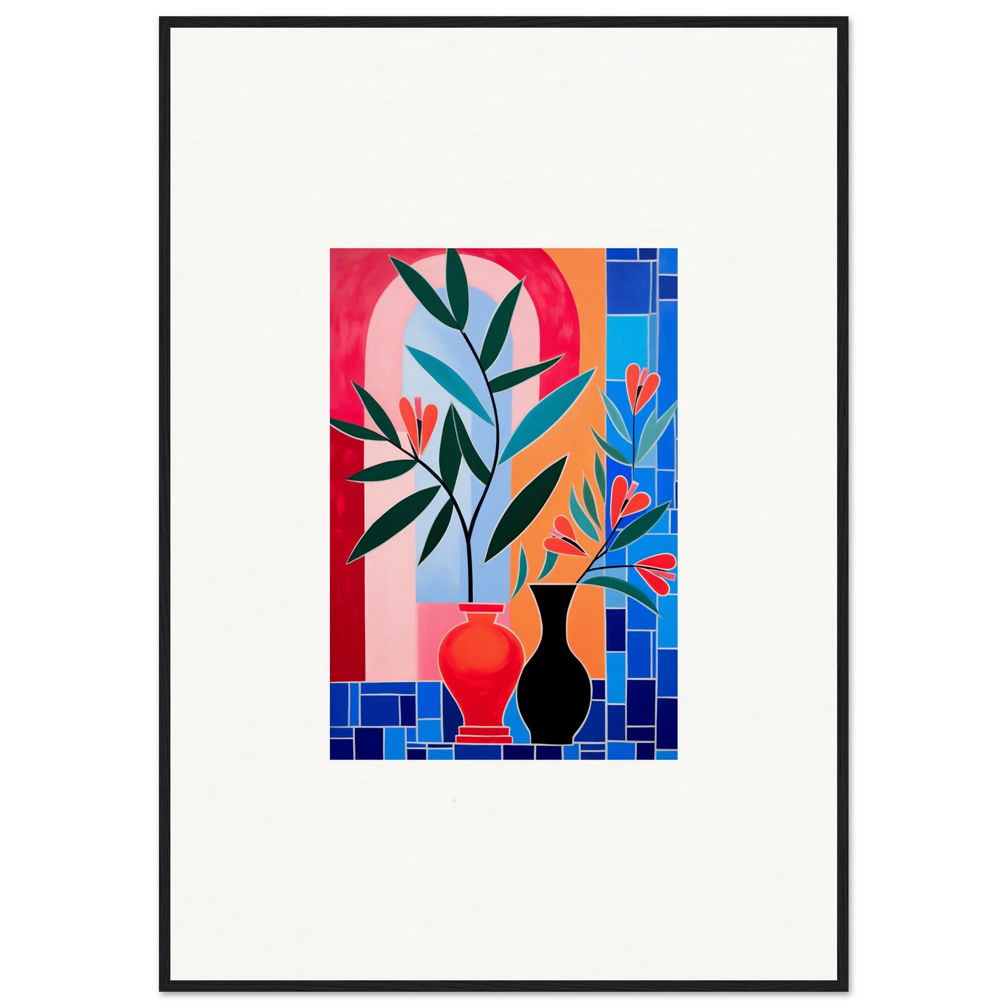 Colorful abstract painting of ceramic blooms in vases for stylish room decor