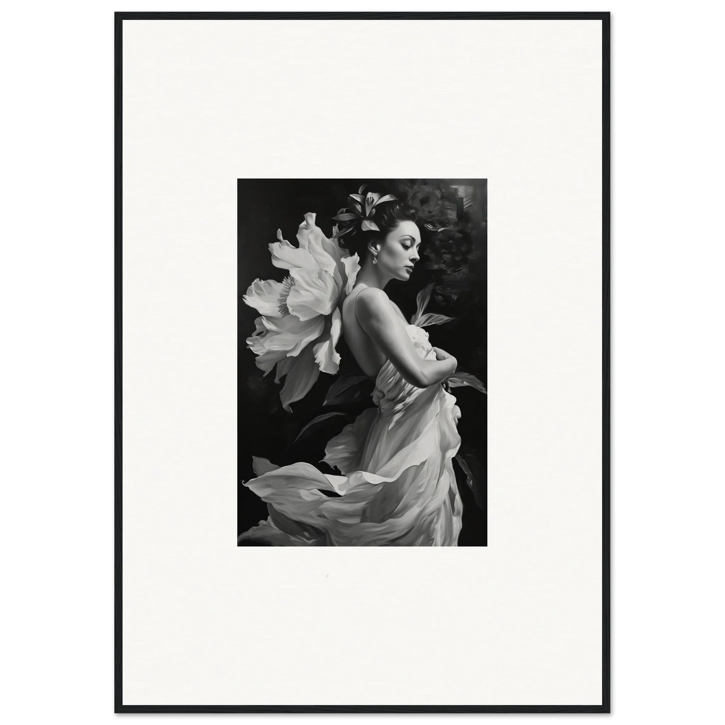 Black and white photo of a woman in flowing fabric with a flower for Duet Chrysalis canvas print