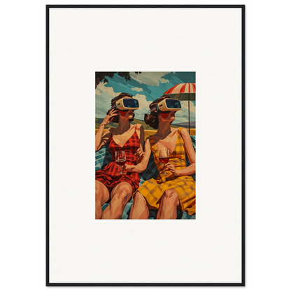 Framed vintage-style canvas print of two women in swimsuits enjoying morning sunshine