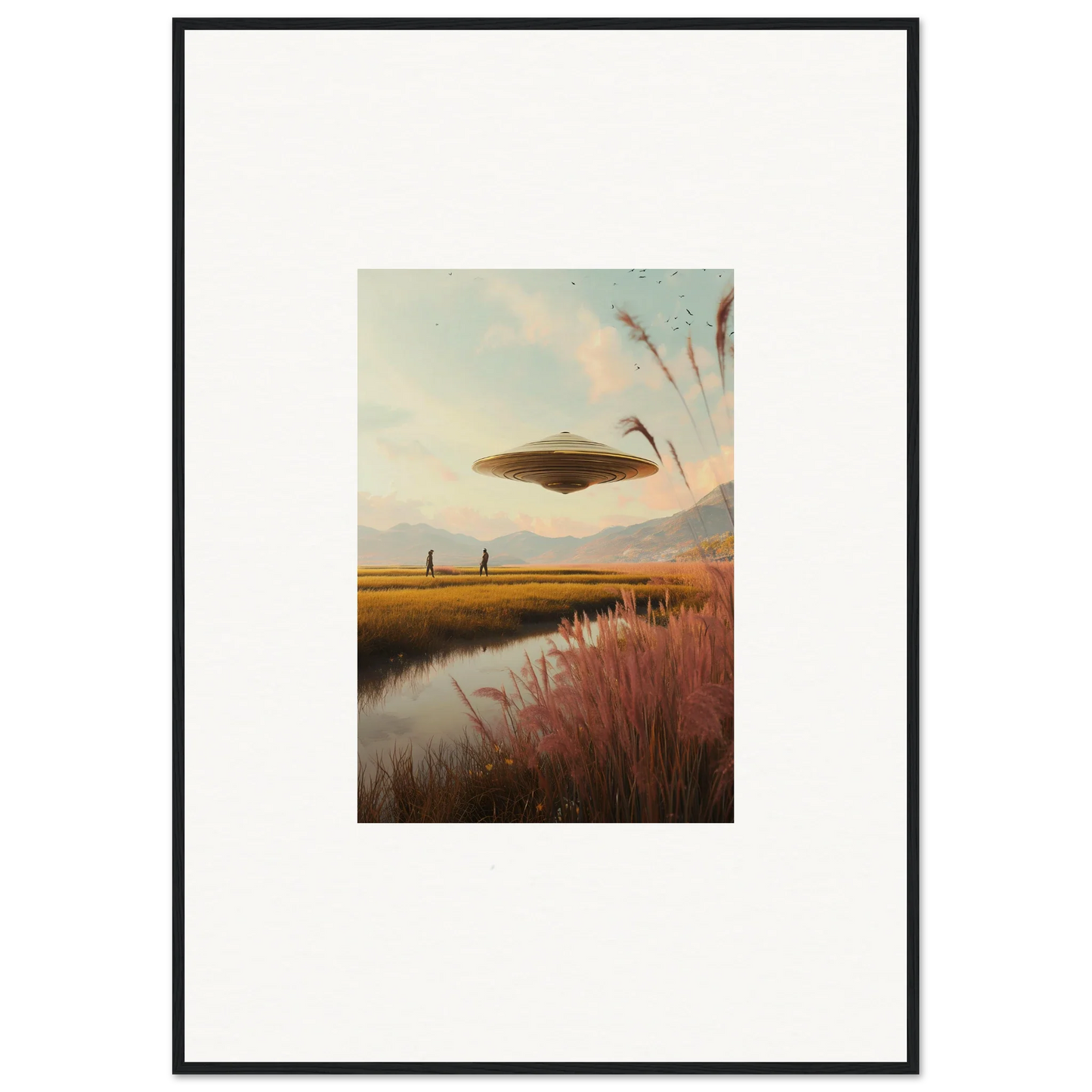 UFO hovering over a rural landscape in Floating Meadow Raindancers framed wall art