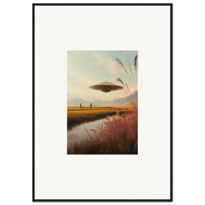 UFO hovering over a rural landscape in Floating Meadow Raindancers framed wall art