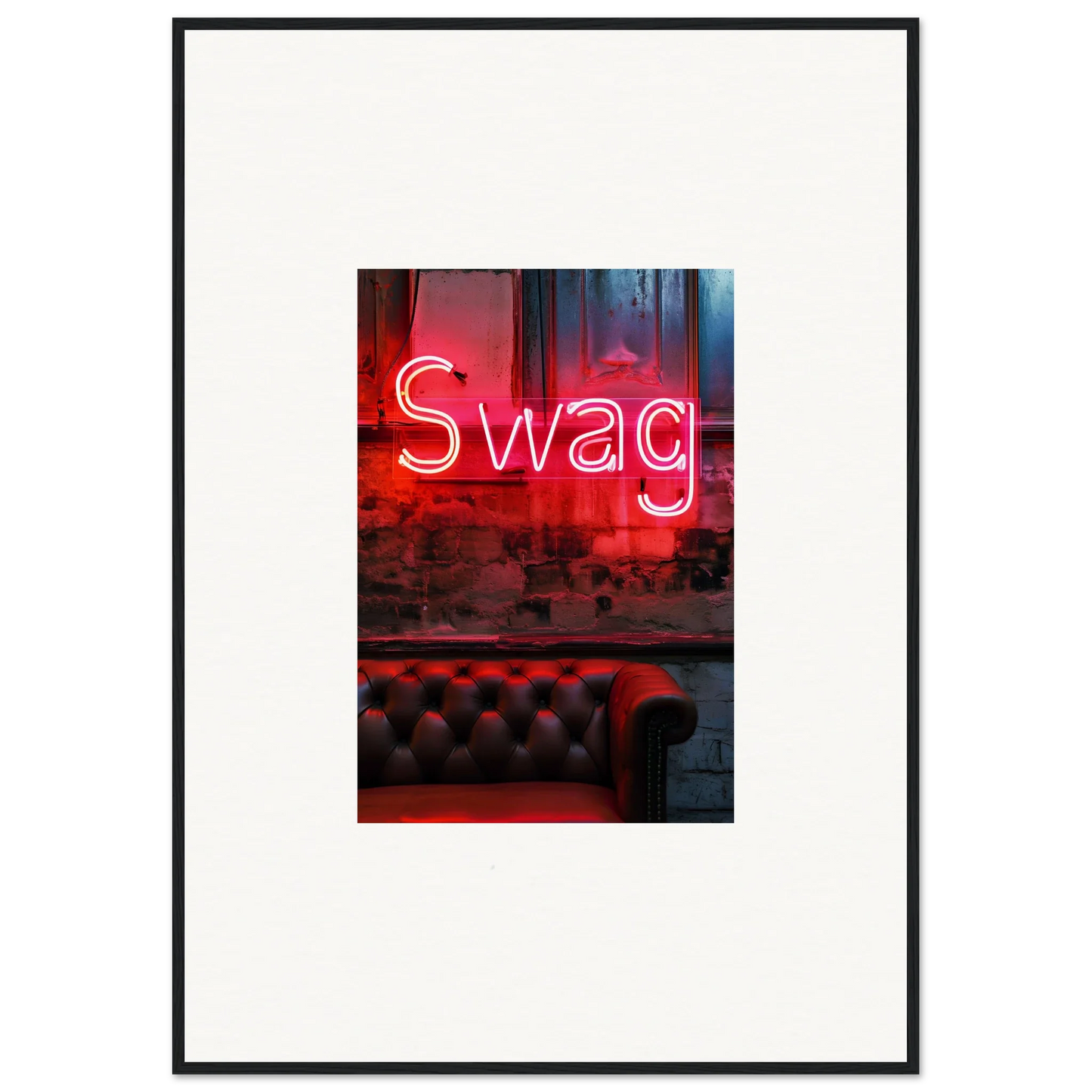 Neon red Swag sign adds cool vibe to room decoration above leather couch