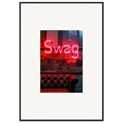 Neon red Swag sign adds cool vibe to room decoration above leather couch