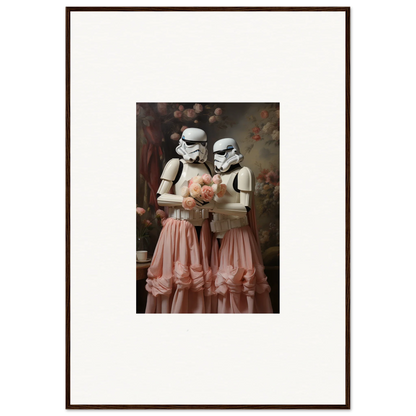 Framed artwork depicting two Stormtroopers wearing pink tutus and holding a heart.