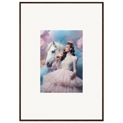 Framed photograph of a woman in a pink gown posing with a white horse.