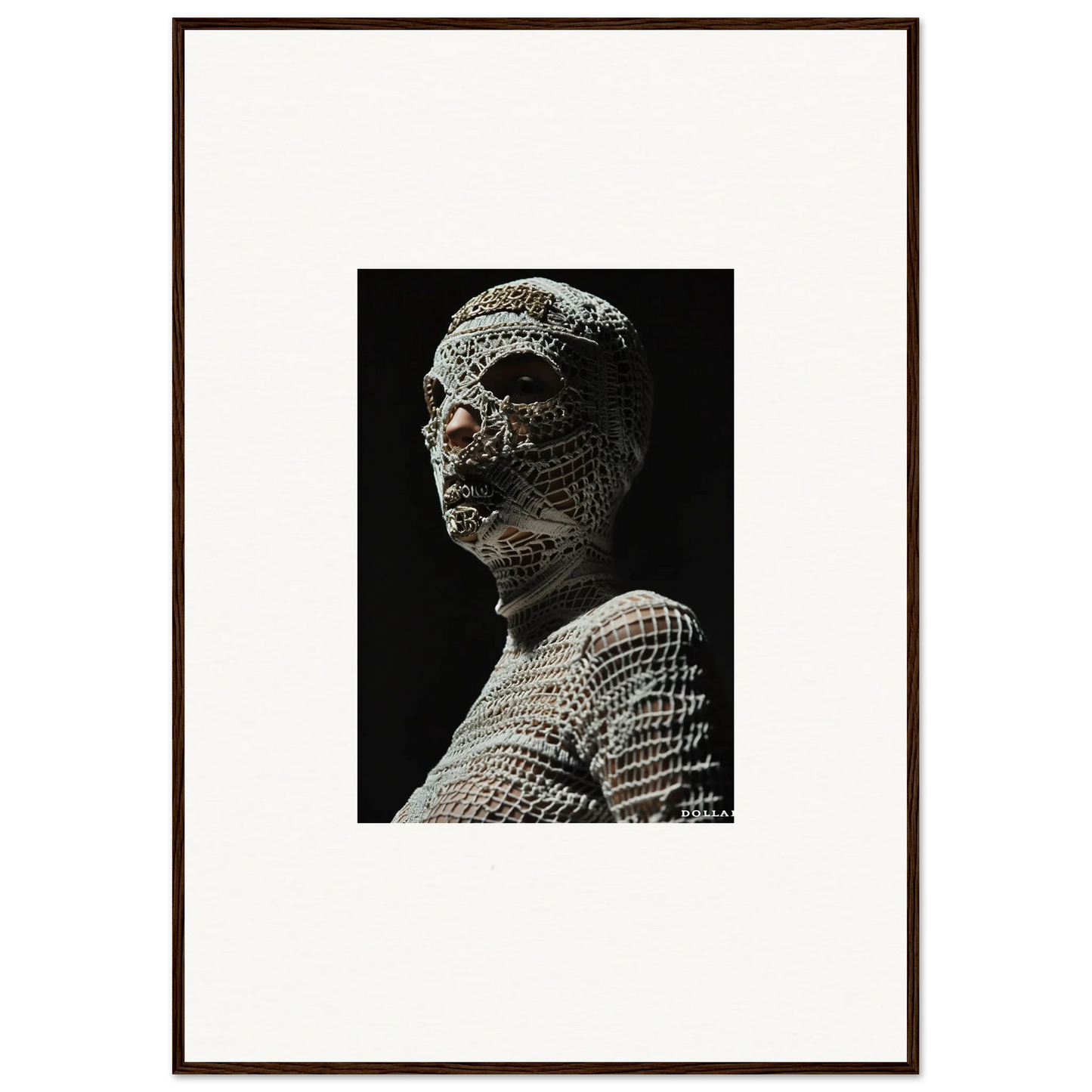 Sculpture of a human head and upper torso covered in a mosaic-like pattern.