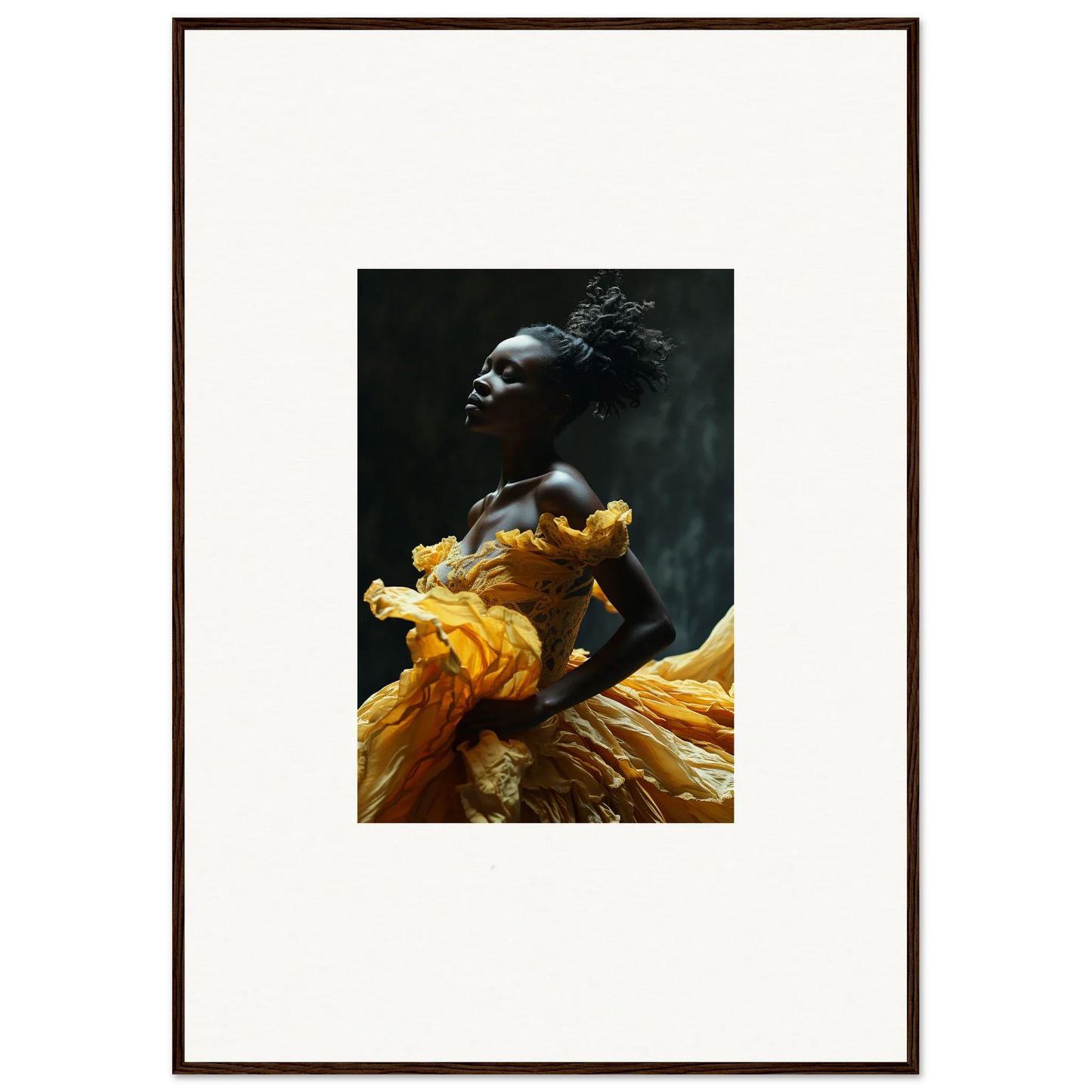 Photograph of a person with dark skin wearing a flowing yellow garment, looking upward dramatically.