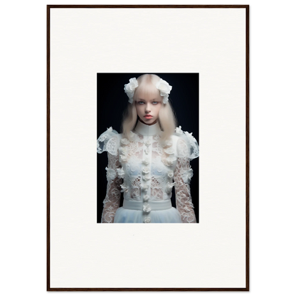 Framed photograph of a person wearing an ornate white lace outfit with a matching headdress.