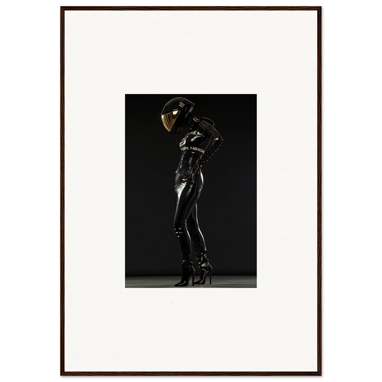 Figure in a shiny black bodysuit and helmet striking a dynamic pose.