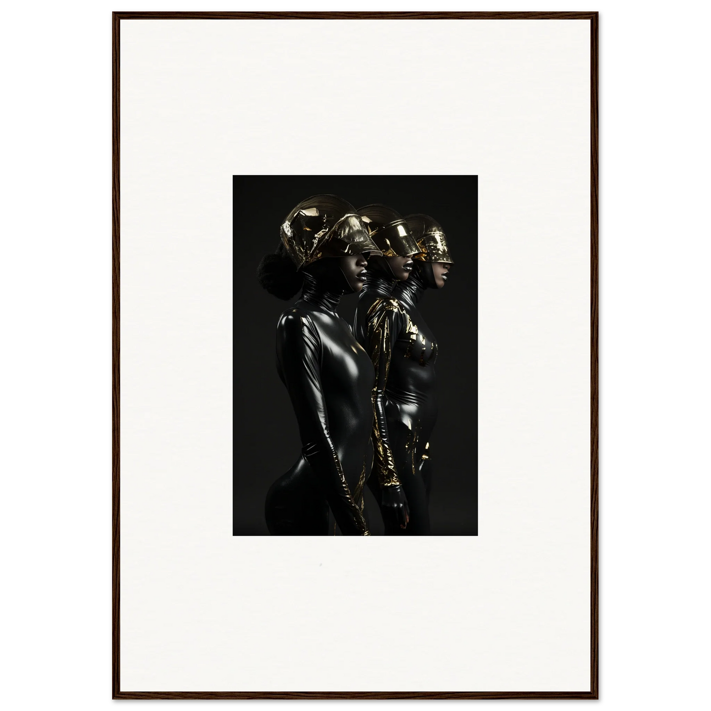 Framed black and white photograph of shiny metallic figures in dramatic poses.