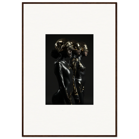 Framed black and white photograph of shiny metallic figures in dramatic poses.