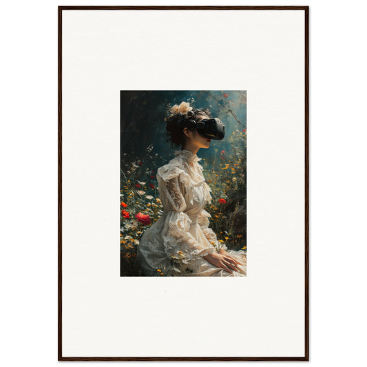 Framed canvas print of a stylish woman in a gown with blossoms reverie backdrop