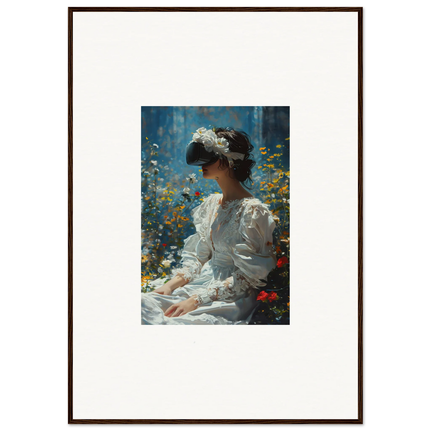 Framed canvas print of a woman in a white dress among flowers, perfect for bloom reverie room decoration