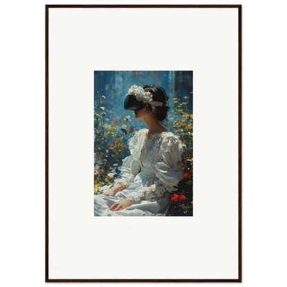 Framed canvas print of a woman in a white dress among flowers, perfect for bloom reverie room decoration