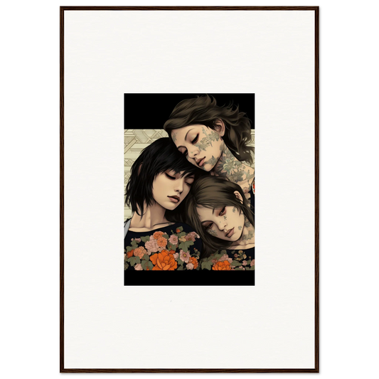 Framed Splendid Daze Flowing artwork of three people with flowers below