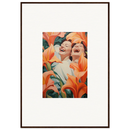 Framed wall art of laughing figures with orange lilies, perfect for room decoration