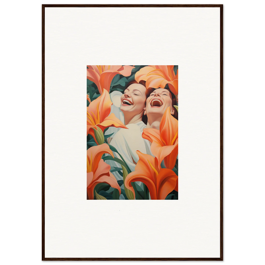 Framed wall art of laughing figures with orange lilies, perfect for room decoration