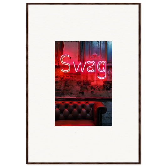 Stylish neon red Swag sign above tufted leather, perfect for room decoration or wall art