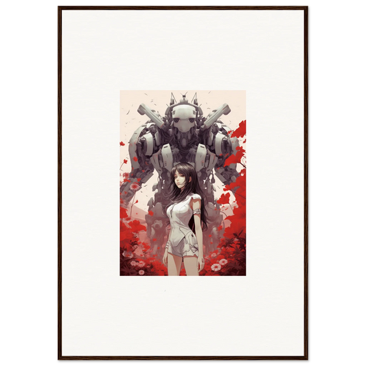 Framed wall art of a woman and mech, perfect for vibrant room decoration