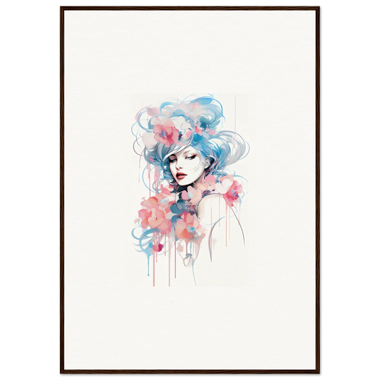 Watercolor portrait of a woman with blue and pink hair, perfect for dream delirium room decoration