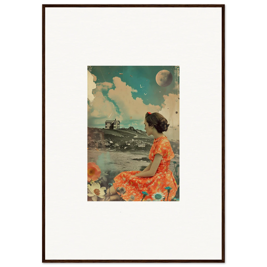 Framed vintage canvas print of a woman in an orange dress for color reverie room decoration