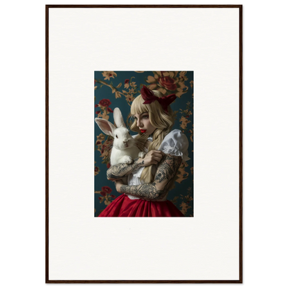 Framed canvas print of a figure in a red dress with a white rabbit for dreamy room decoration