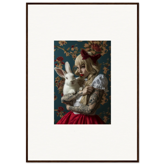 Framed canvas print of a figure in a red dress with a white rabbit for dreamy room decoration