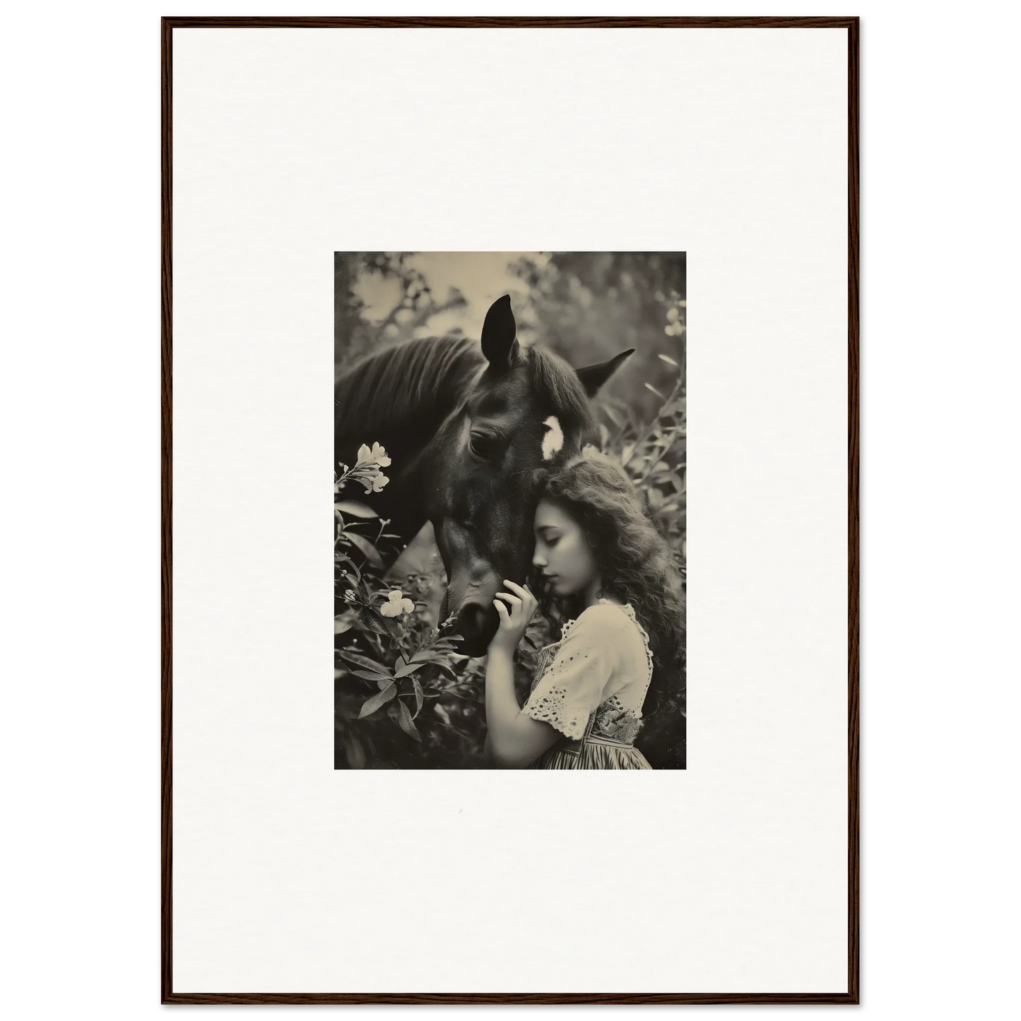 Framed black and white photo of a girl and horse, perfect for your Equinox Whispers room decoration