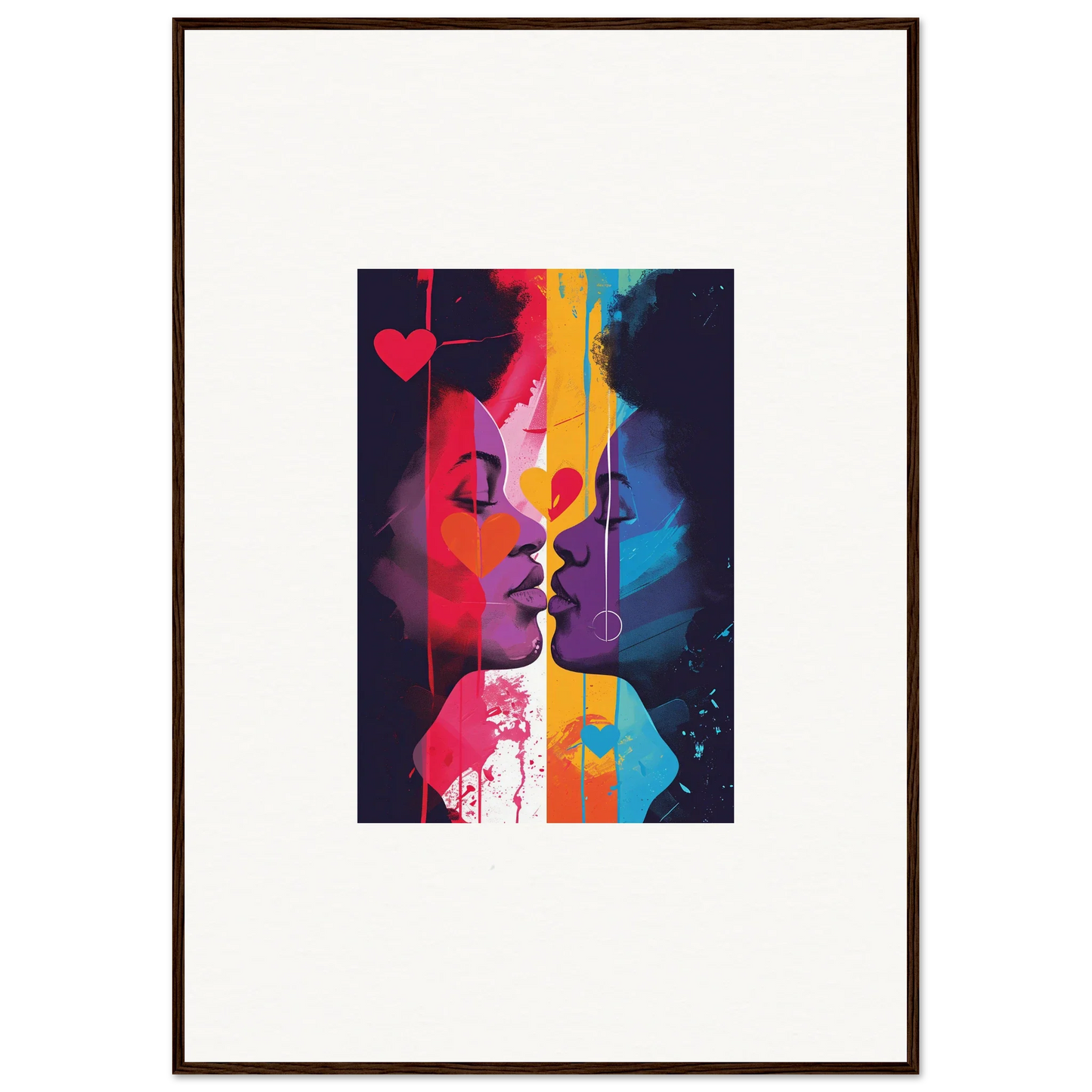 Framed canvas print of colorful heartwave reflection silhouettes about to kiss