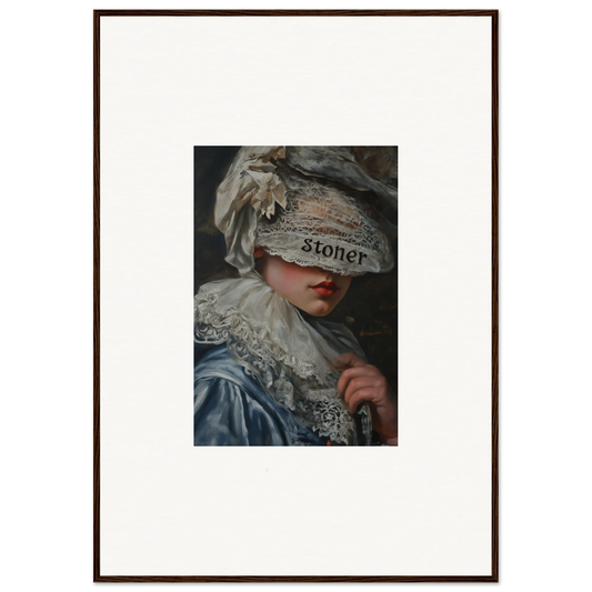 Framed wall art of a person in a fancy costume with a headpiece labeled Stoner