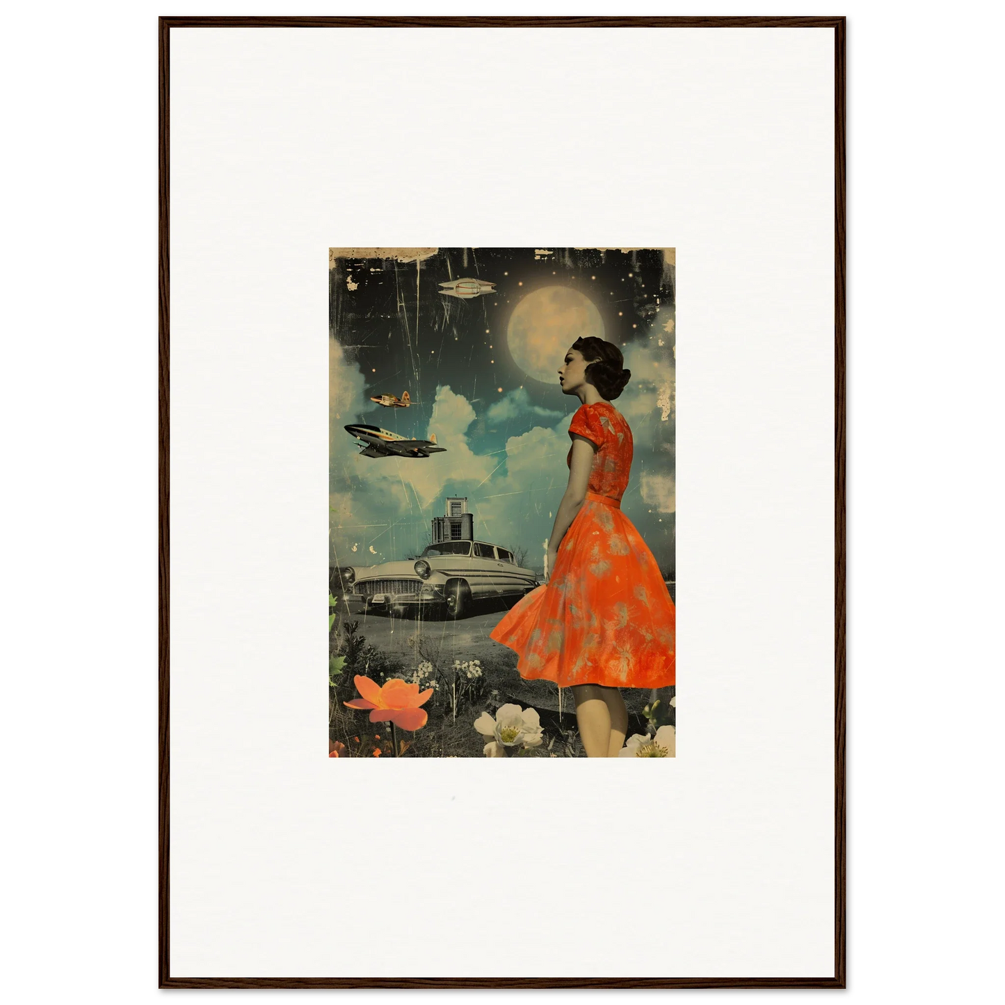 Framed vintage-style canvas print of a woman in red dress against surreal night sky for room decoration