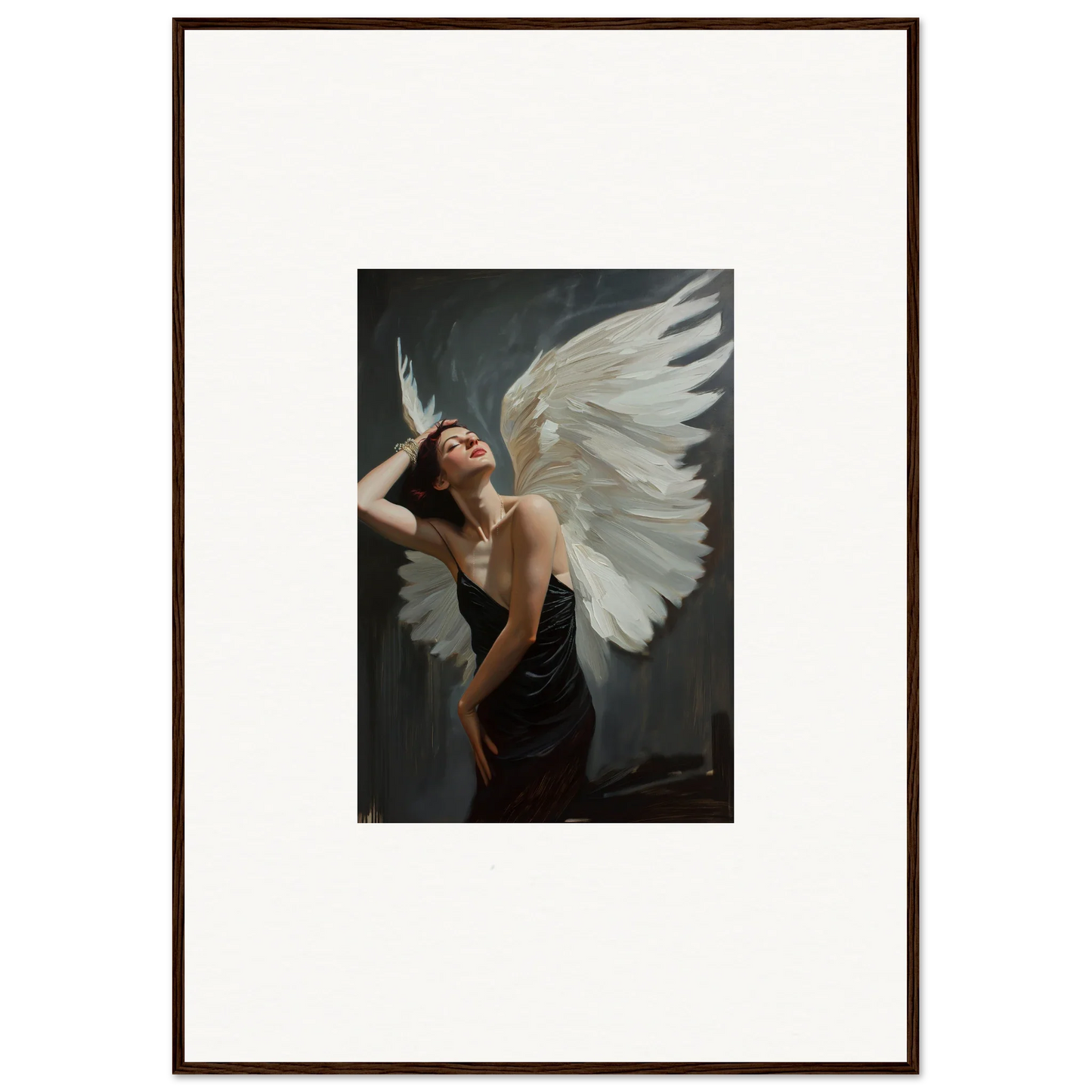 Framed canvas print of a figure with white wings, perfect for femme ascent room decoration