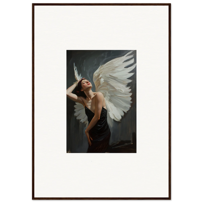 Framed canvas print of a figure with white wings, perfect for femme ascent room decoration