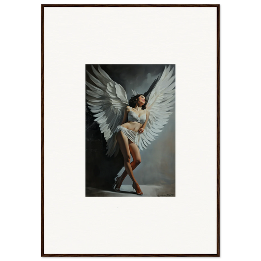 Framed wall art of a figure with large white wings, perfect for room decoration