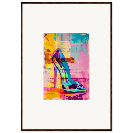 Vibrant pop art high-heeled stiletto shoe for Noir Reverie room decor framed wall art