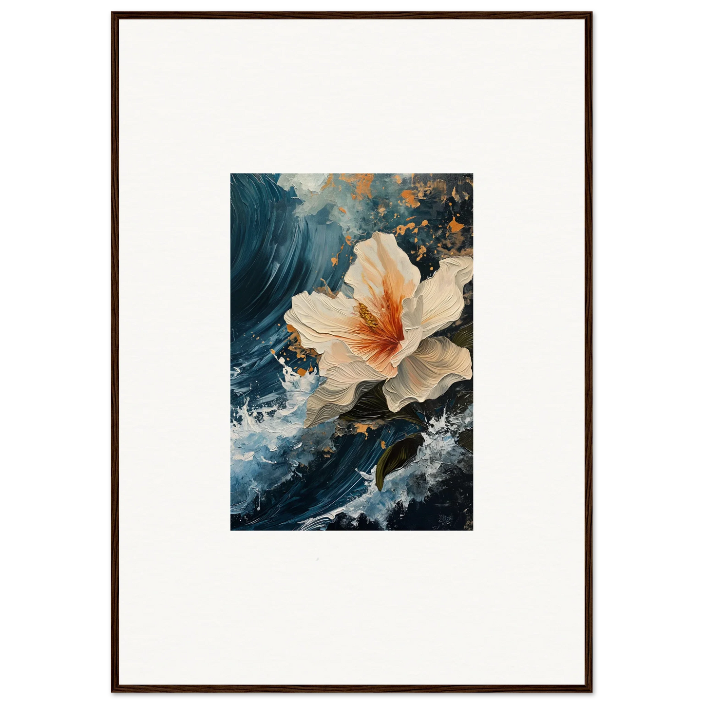 Framed canvas print of a white-orange hibiscus flower in petal waves for room decoration