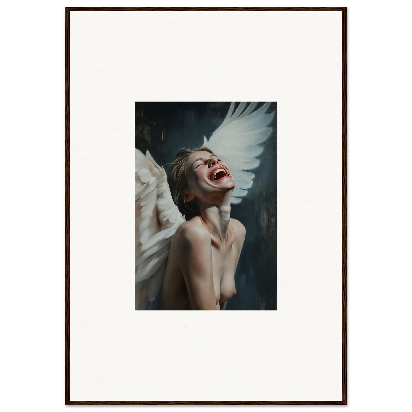 Framed canvas print of a joyful person with angel wings, perfect wall art for room decoration