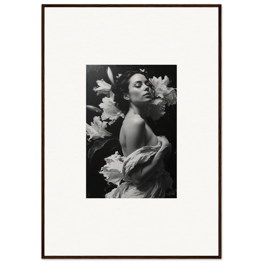 Black and white photo of a woman with lilies, perfect for your room decoration with Essence Paragon