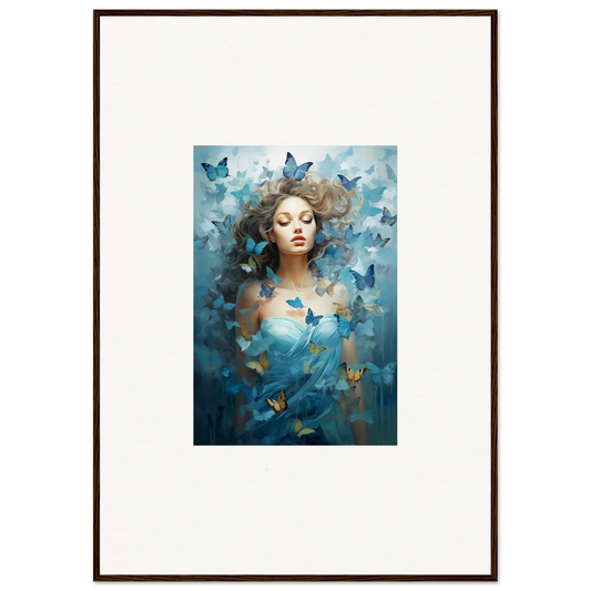 Framed canvas print of a woman and blue butterflies for dream symphonies room decoration