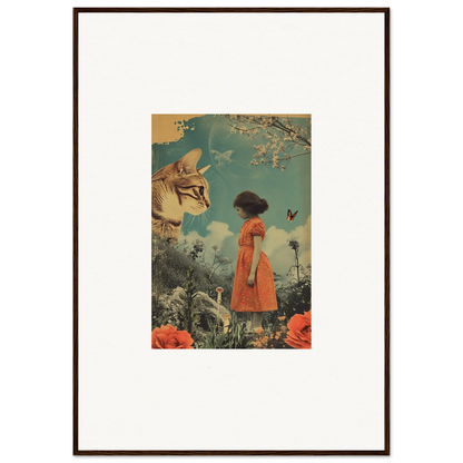 Framed canvas print of a girl in an orange dress daydreaming with a giant cat face