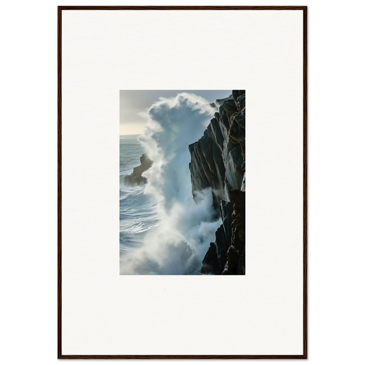 Framed photograph of crashing waves on a rocky cliff, perfect for room decoration with Sparse Visions